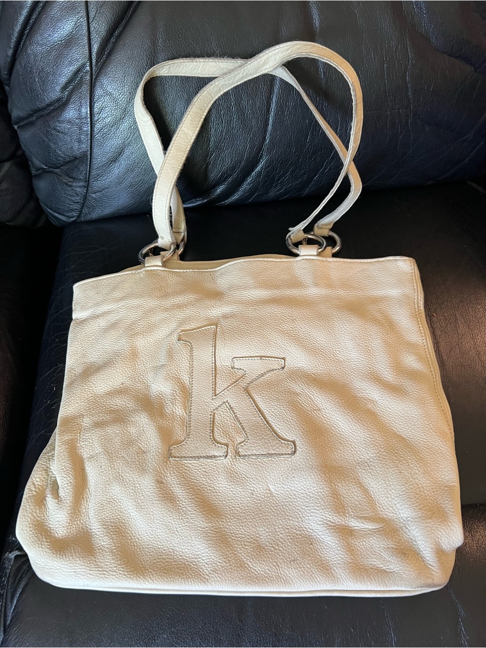 Roots Cream Leather Tote with Embossed 'K'